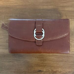 Danier Chocolate Brown Camel Leather Wallet Bi-Fold Silver Ring Classic Boho Y2K